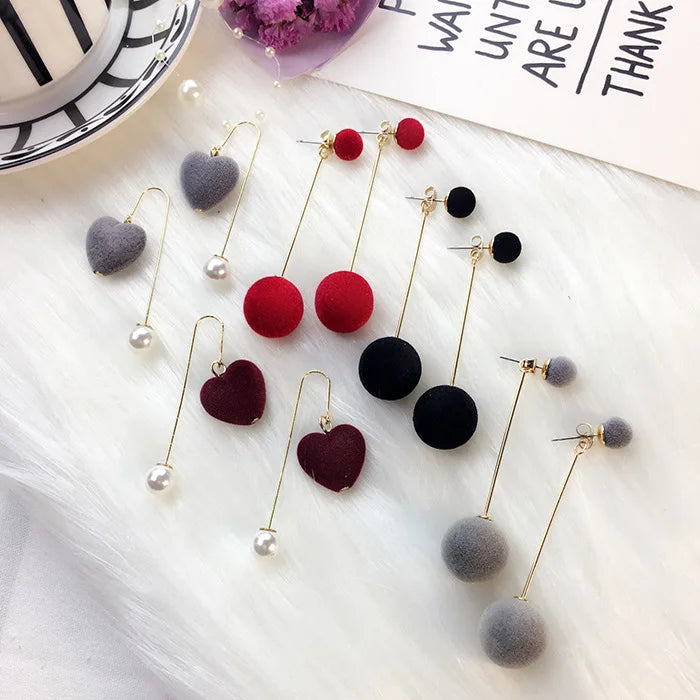 Fashion Red, Black Plush Ball Hanging Earrings Female Korean Personality Round Long Earrings Own Gift Jewelry Statement Earrings