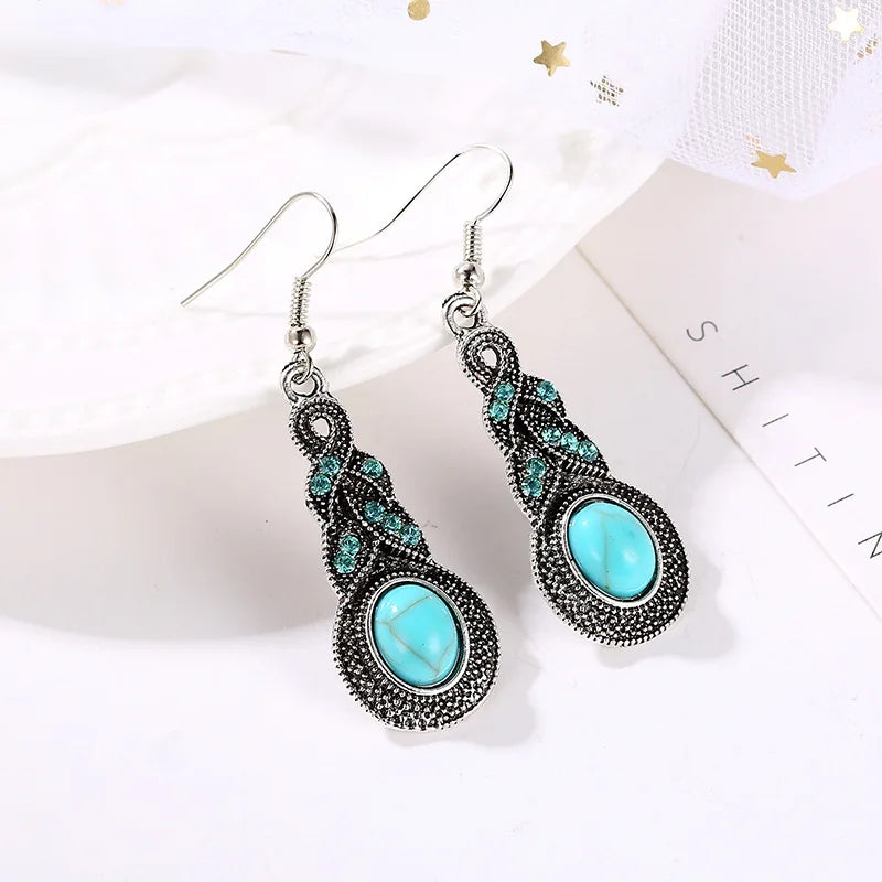 European And American Style New Drop Set Retro Pattern Blue Crystal Jewelry Zircon Boho Party Set Necklace Earrings