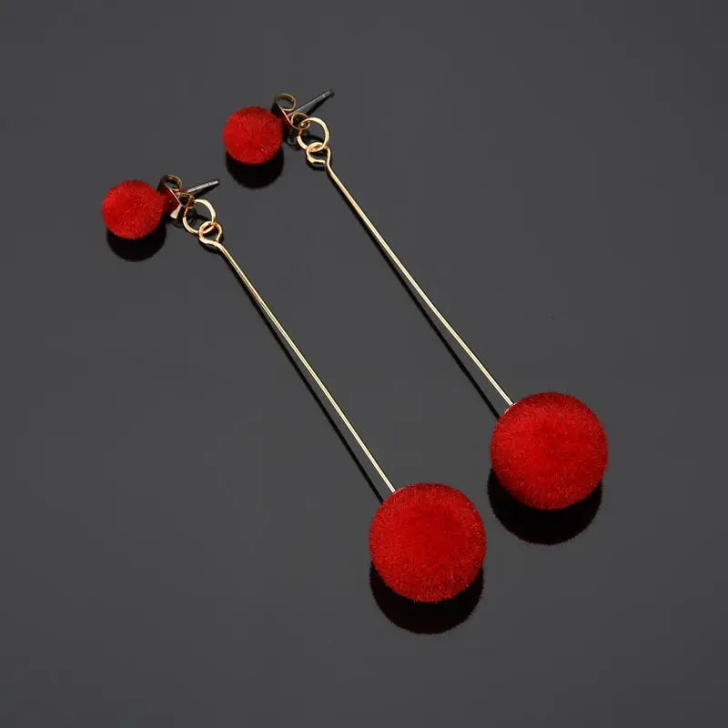 Fashion Red, Black Plush Ball Hanging Earrings Female Korean Personality Round Long Earrings Own Gift Jewelry Statement Earrings