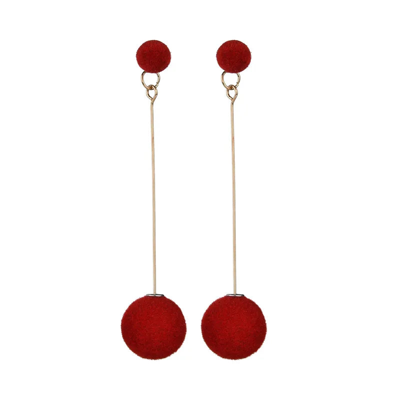 Fashion Red, Black Plush Ball Hanging Earrings Female Korean Personality Round Long Earrings Own Gift Jewelry Statement Earrings