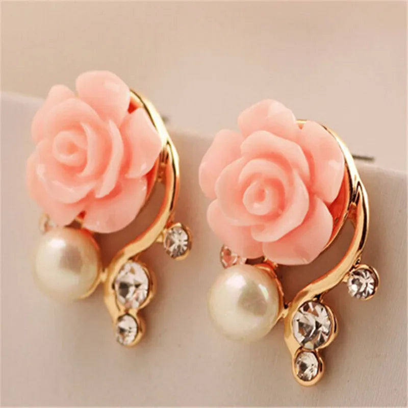 Jewelry New Brand Design Gold  Rose Pearl Stud Earrings For Women 2017 New Accessories Wholesale Orecchini Perlas Earing