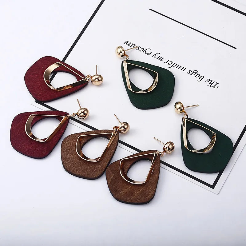 Vintage Hollow Water Droplet Dangle Earrings for Women Metal Wood Double Layer Hollow Out Geometric Drop Earrings Trendy Jewelry