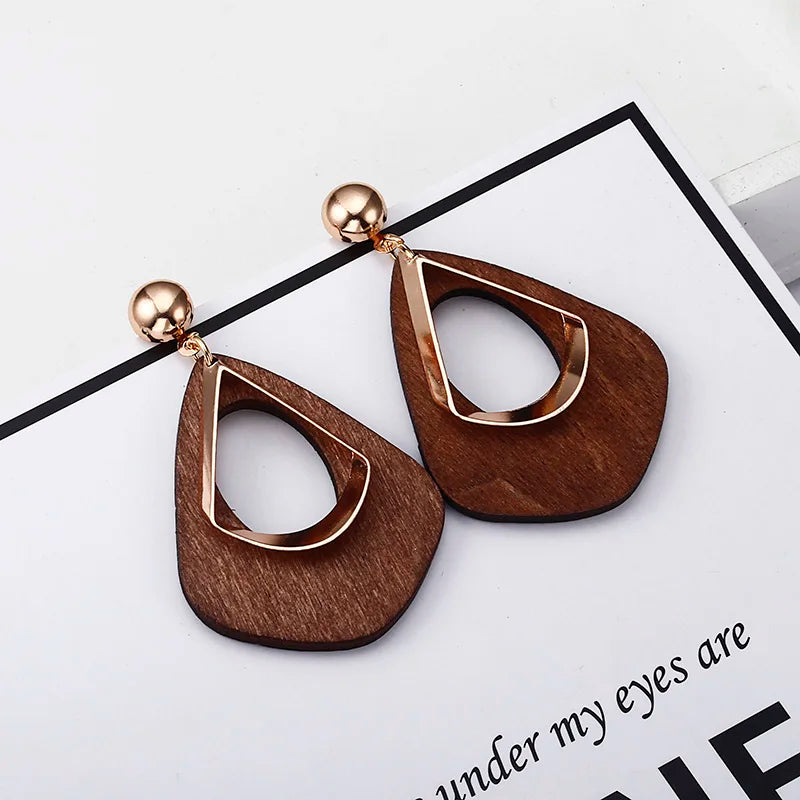 Vintage Hollow Water Droplet Dangle Earrings for Women Metal Wood Double Layer Hollow Out Geometric Drop Earrings Trendy Jewelry