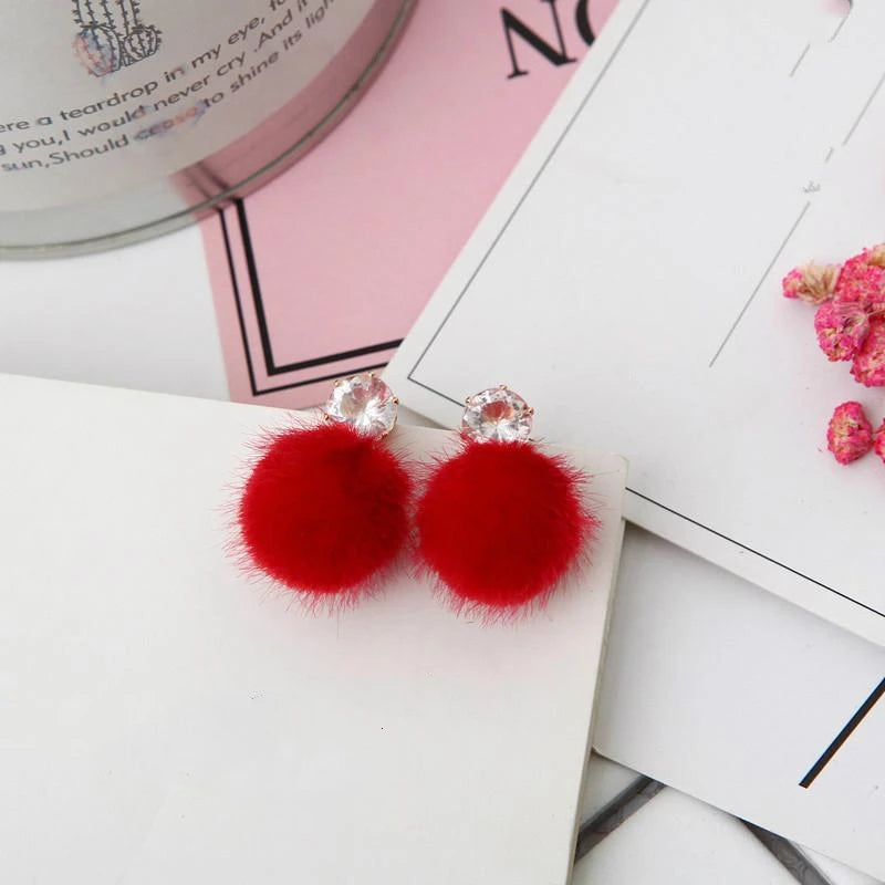 Fashion Red, Black Plush Ball Hanging Earrings Female Korean Personality Round Long Earrings Own Gift Jewelry Statement Earrings