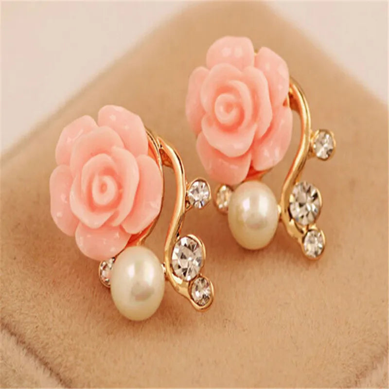 Jewelry New Brand Design Gold  Rose Pearl Stud Earrings For Women 2017 New Accessories Wholesale Orecchini Perlas Earing