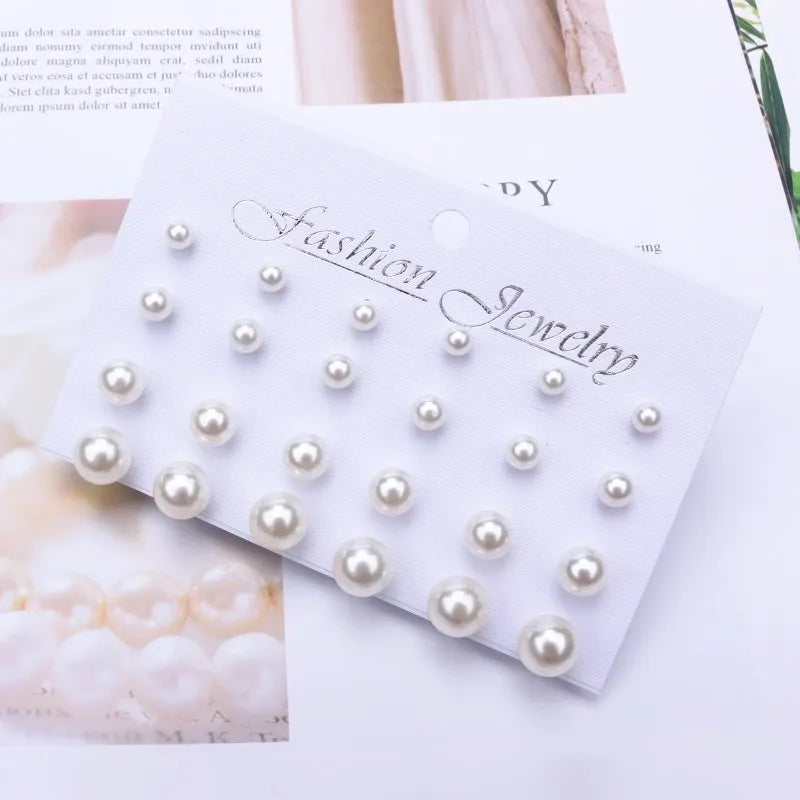 Trendy 12 Pairs/Set Cute Triangle Crystal Heart Stud Earrings for Women Ball Simulated Pearl Flower Brincos