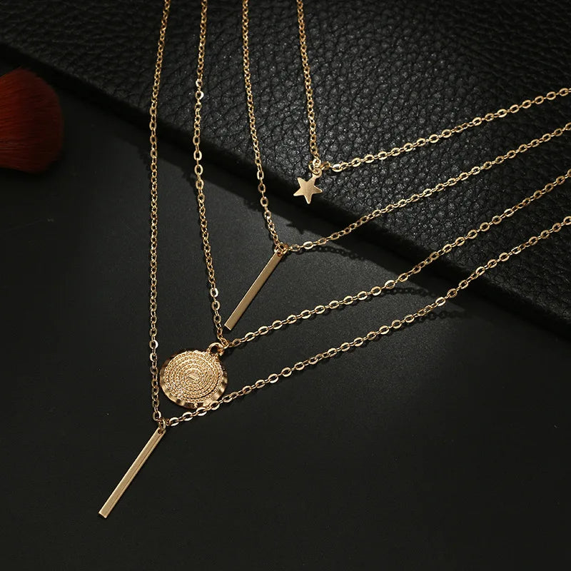 New Vintage Boho Multilayer Pendant Necklace for Women Golden Star Metal Collar Jewelry