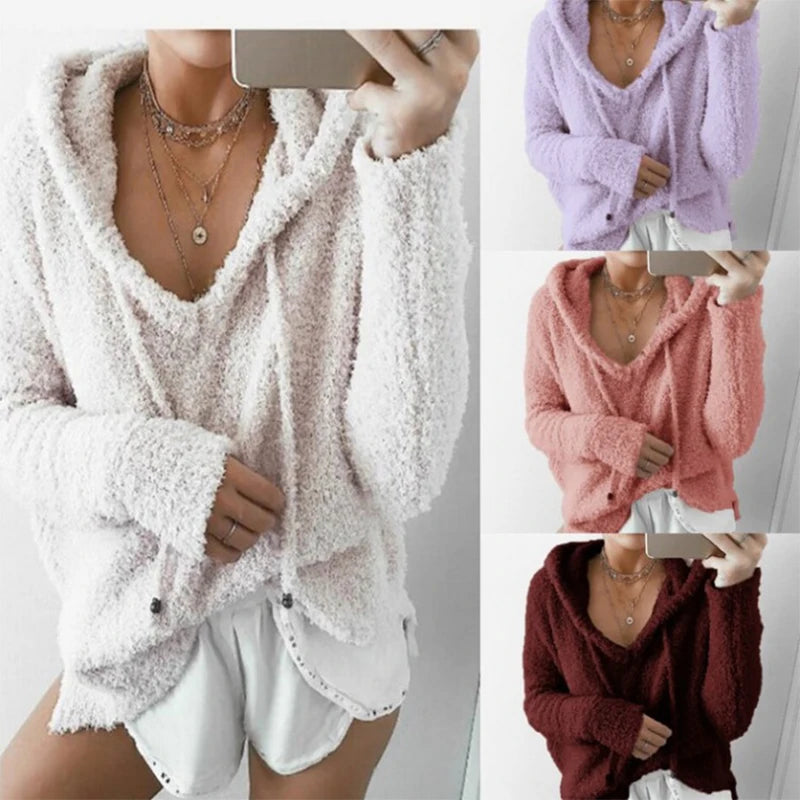 2019 Autumn Top Women Casual Mohair Hooded Pullovers V Neck Fleece Sweater Fashion Sweet Loose Warm Winter Mohair Tops Pullover