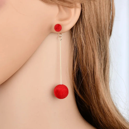 Fashion Red, Black Plush Ball Hanging Earrings Female Korean Personality Round Long Earrings Own Gift Jewelry Statement Earrings