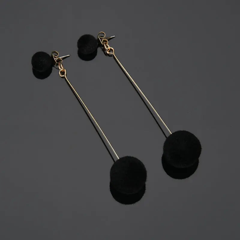 Fashion Red, Black Plush Ball Hanging Earrings Female Korean Personality Round Long Earrings Own Gift Jewelry Statement Earrings