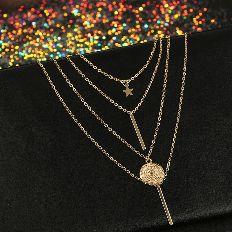 New Vintage Boho Multilayer Pendant Necklace for Women Golden Star Metal Collar Jewelry