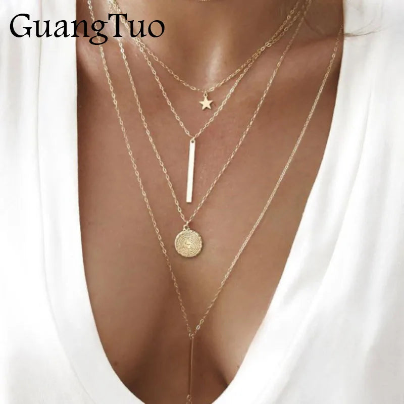 New Vintage Boho Multilayer Pendant Necklace for Women Golden Star Metal Collar Jewelry