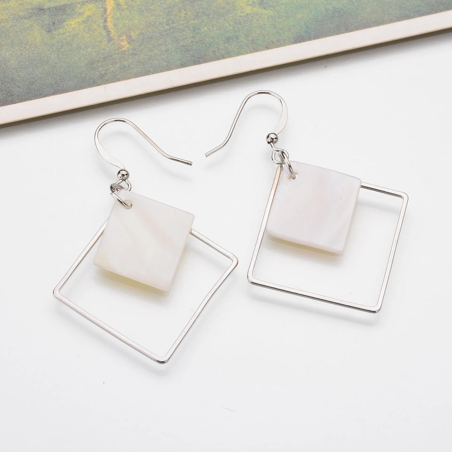 New Natural White Shellfish Earrings Ladies Thread Empty Square Simple Earrings Jewelry Women's Gift Wholesale  Long Earrings