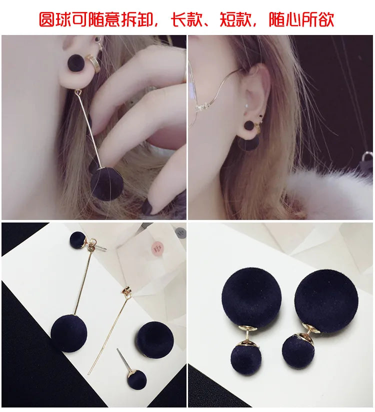 Fashion Red, Black Plush Ball Hanging Earrings Female Korean Personality Round Long Earrings Own Gift Jewelry Statement Earrings