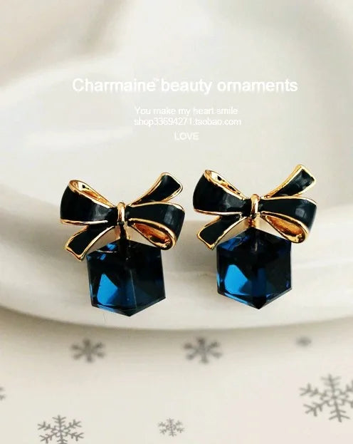 2018 Austria Exquisite Crystal Blue Water Cube Box Cube Stone Bow Stud Earrings Jewelry Wholesale Earrings For Women Pendientes