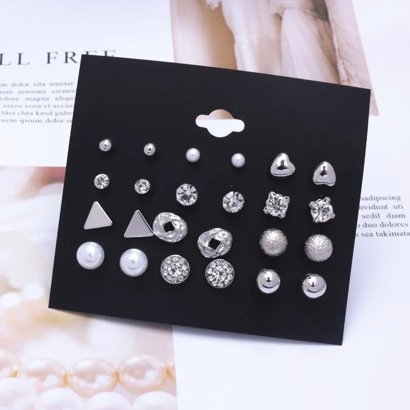 Trendy 12 Pairs/Set Cute Triangle Crystal Heart Stud Earrings for Women Ball Simulated Pearl Flower Brincos