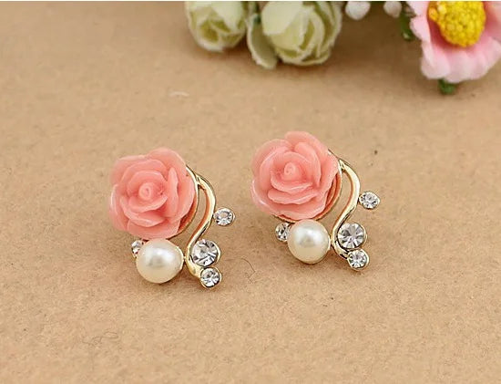 Jewelry New Brand Design Gold  Rose Pearl Stud Earrings For Women 2017 New Accessories Wholesale Orecchini Perlas Earing