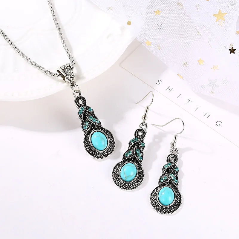 European And American Style New Drop Set Retro Pattern Blue Crystal Jewelry Zircon Boho Party Set Necklace Earrings