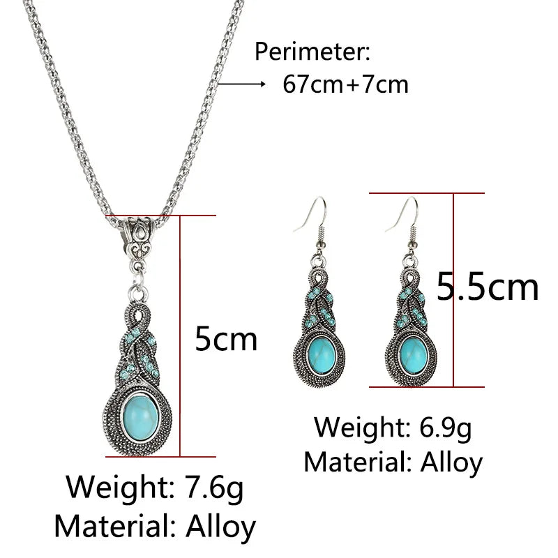 European And American Style New Drop Set Retro Pattern Blue Crystal Jewelry Zircon Boho Party Set Necklace Earrings