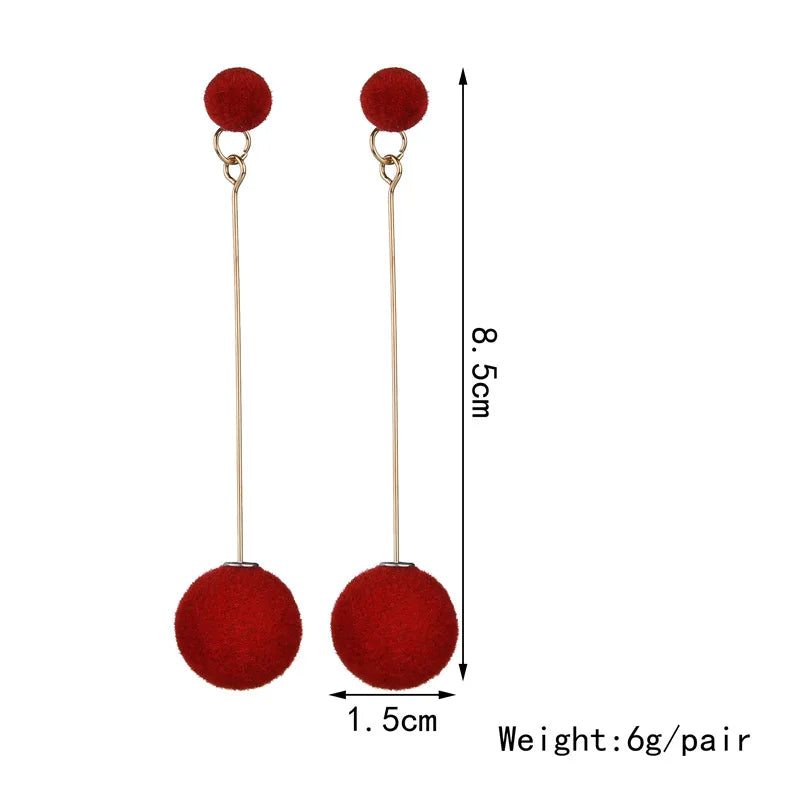 Fashion Red, Black Plush Ball Hanging Earrings Female Korean Personality Round Long Earrings Own Gift Jewelry Statement Earrings