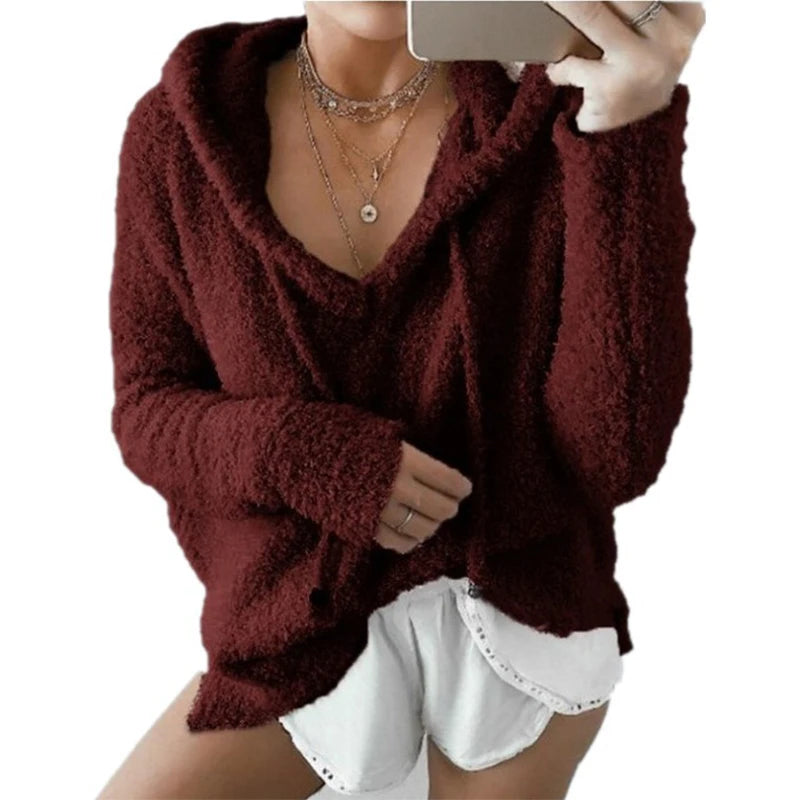 2019 Autumn Top Women Casual Mohair Hooded Pullovers V Neck Fleece Sweater Fashion Sweet Loose Warm Winter Mohair Tops Pullover