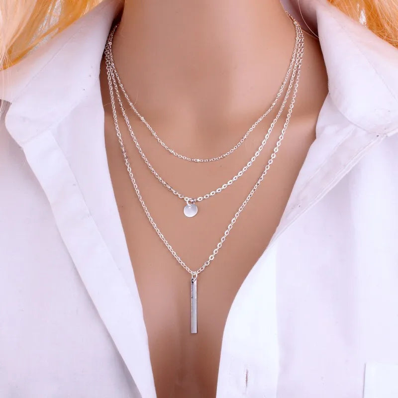 European And American Fashion Jewelry New Copper Bead Chain Sequin Metal Strip Necklace Multi-layer Round 1 Word Long Necklace