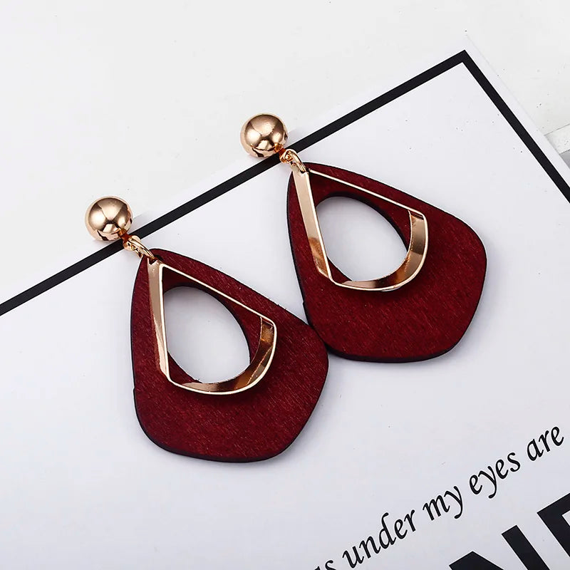 Vintage Hollow Water Droplet Dangle Earrings for Women Metal Wood Double Layer Hollow Out Geometric Drop Earrings Trendy Jewelry