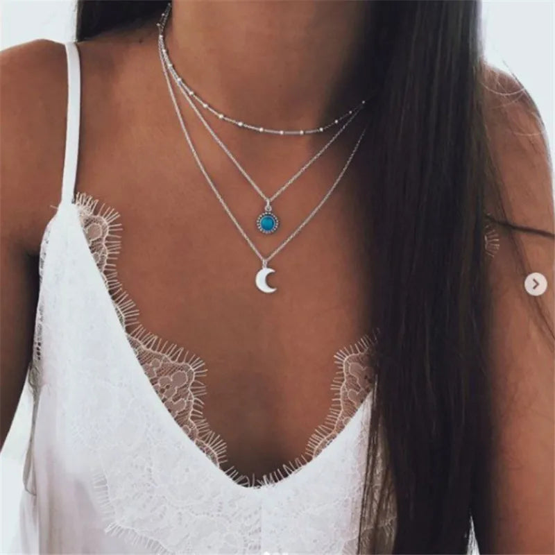 European And American Fashion Jewelry New Copper Bead Chain Sequin Metal Strip Necklace Multi-layer Round 1 Word Long Necklace