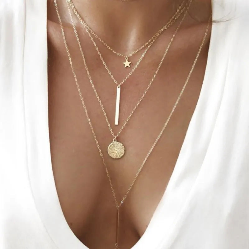 New Vintage Boho Multilayer Pendant Necklace for Women Golden Star Metal Collar Jewelry