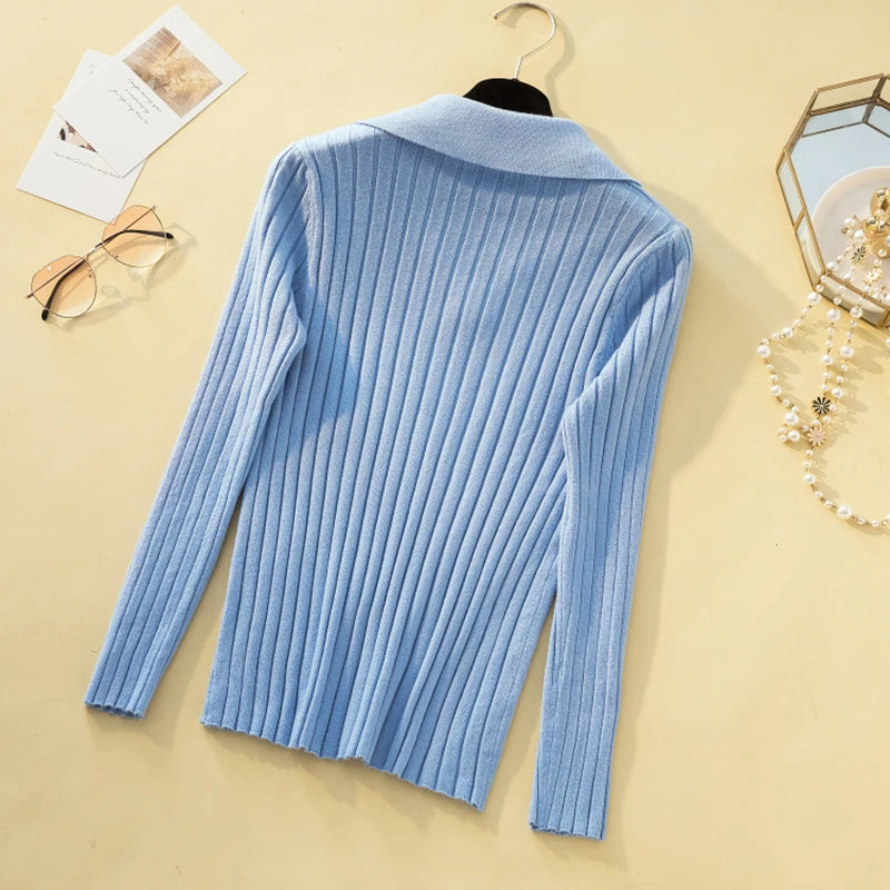 Korean Style Turn-Down Collar Women Sweater Female Long Sleeve Top Casual Pullover Knitted Sweaters Fall Clothes Sueter Feminino