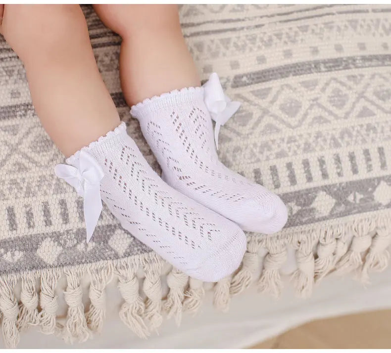 0-5Years Baby Girls Socks With Big Bows Breathable Children Girl Short Socks Hollow Out Toddlers Kids Cotton Princess Cute Socks