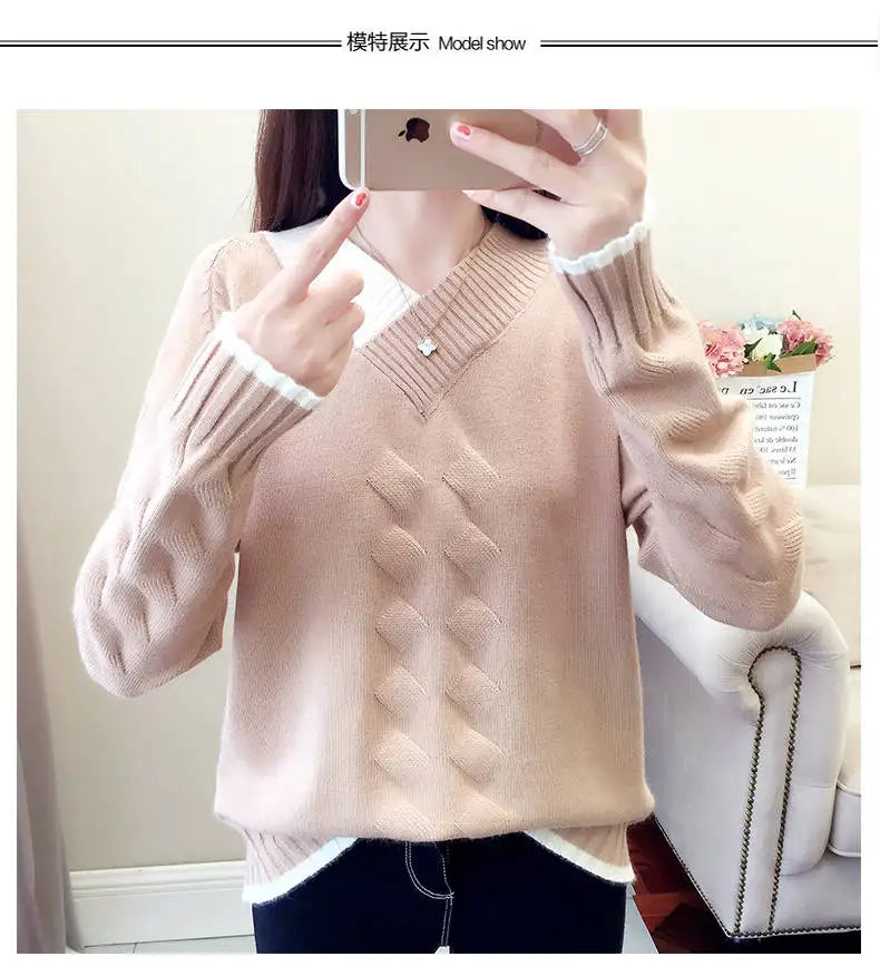 Women's Sweaters Knitting Pullover 2022 New Autumn Winter Casual Loose Striped V-neck Knitted Sweater Female Pullovers Tops