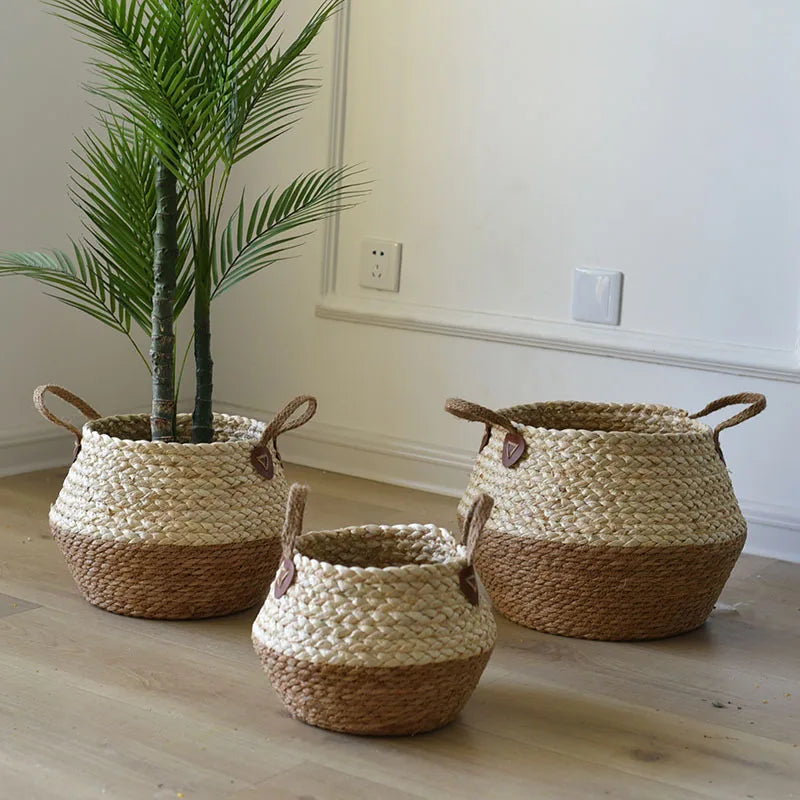 Zerolife-Seaweed Wicker Basket with Handle, Rattan Hanging Flower Pot, Dirty Clothes Storage, Children's Toy Sorting, 3 Size