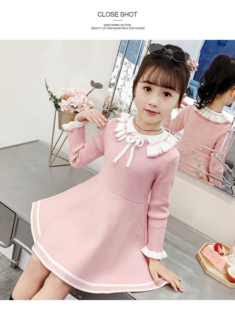 Autumn children warm Sweater dress for girls infant casual pure color Pleated princess dress Baby girl winter knitted dress