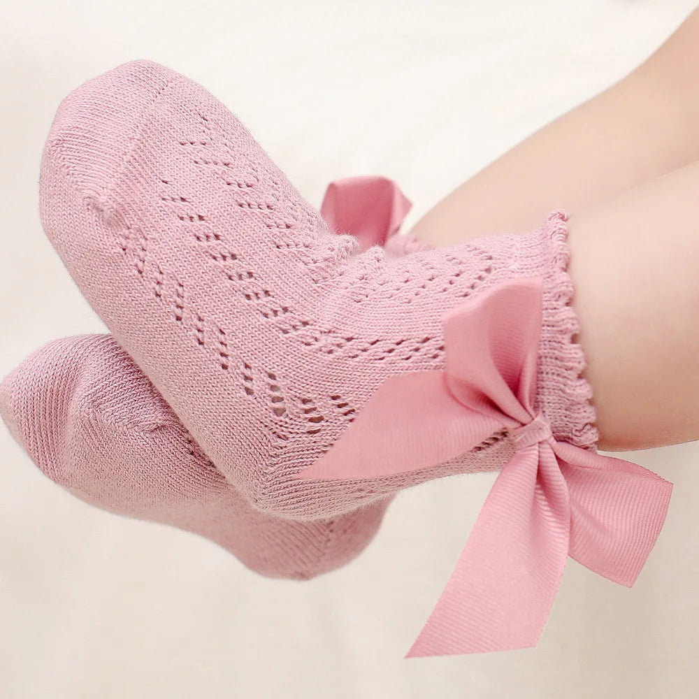 0-5Years Baby Girls Socks With Big Bows Breathable Children Girl Short Socks Hollow Out Toddlers Kids Cotton Princess Cute Socks