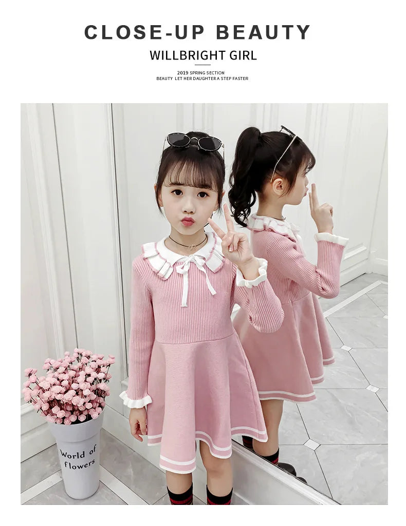 Autumn children warm Sweater dress for girls infant casual pure color Pleated princess dress Baby girl winter knitted dress