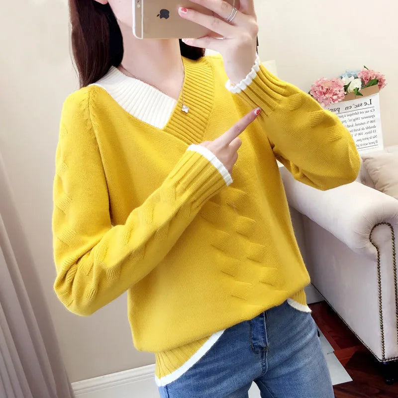 Women's Sweaters Knitting Pullover 2022 New Autumn Winter Casual Loose Striped V-neck Knitted Sweater Female Pullovers Tops