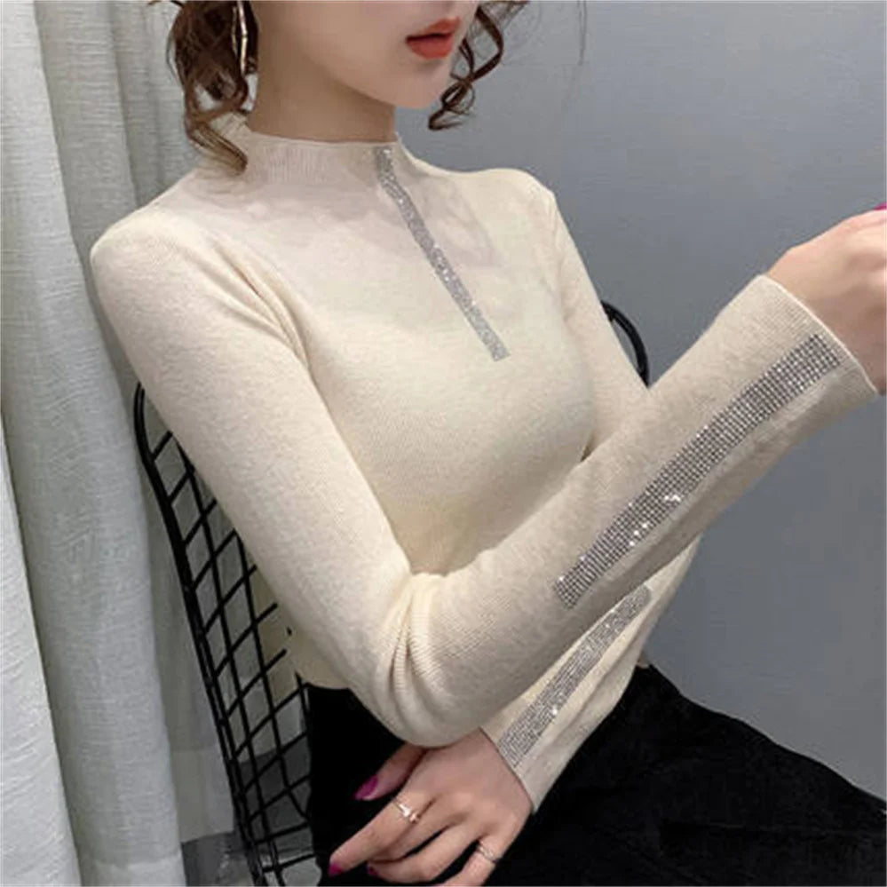 2023 Woman Sweaters Turtleneck Sweater Women's Underwear Fall/Winter Slim Rhinestone Pullover Top Sweater H1104