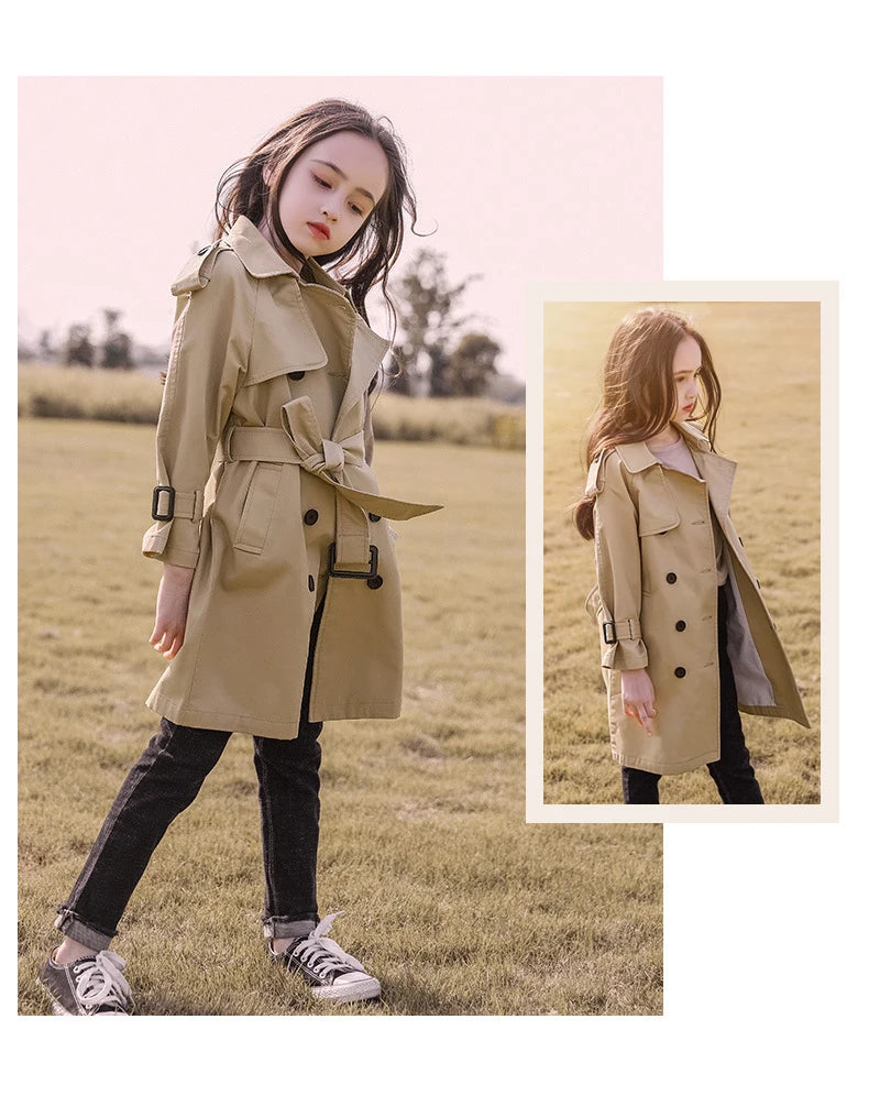 4-13 Years Teen Girls Long Trench Coats New Fashion England Style Windbreaker Jacket For Girls Spring Autumn Children's Clothing