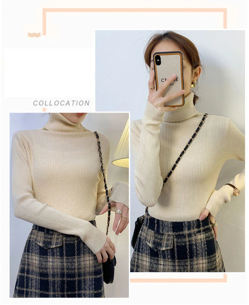 ZOKI New 2023 Women Pullover Turtleneck Sweater Autumn Long Sleeve Slim Elastic Korean Simple Basic Cheap Jumper Solid Color Top