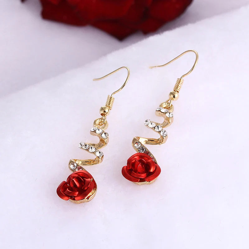 New Fashion Jewelry Red Rose Drop Earrings Women Vintage Rhinestone Flowers Dangle Earring Weddings Engagement Party Jewelry