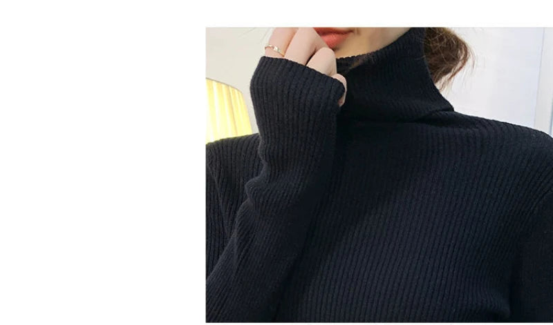 ZOKI New 2023 Women Pullover Turtleneck Sweater Autumn Long Sleeve Slim Elastic Korean Simple Basic Cheap Jumper Solid Color Top