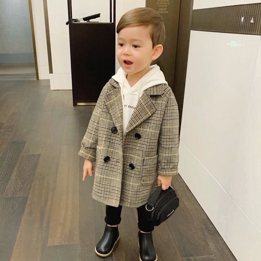 Lioraitiin Winter Grid Jackets Boys Girl Woolen Double-breasted Baby Boy Trench Coat Lapel Autumn Kids Outerwear Coats Wool Coat