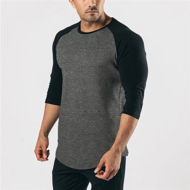 Autumn Gym Clothing 3/4 Sleeve Sports T Shirt Men Solid Cotton Running Shirt Men Workout Training Tees Fitness Tops T-shirt