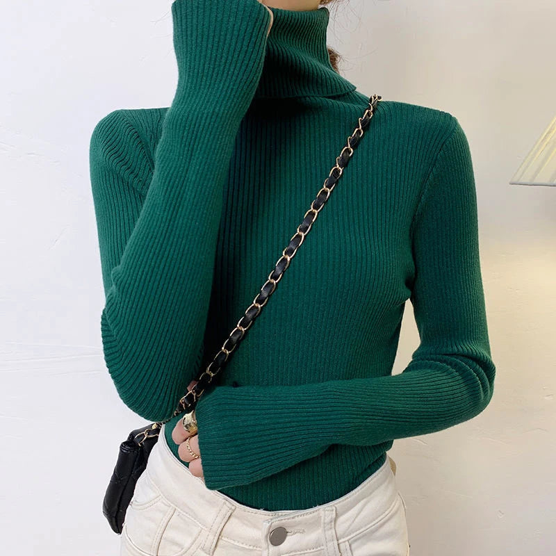 ZOKI New 2023 Women Pullover Turtleneck Sweater Autumn Long Sleeve Slim Elastic Korean Simple Basic Cheap Jumper Solid Color Top