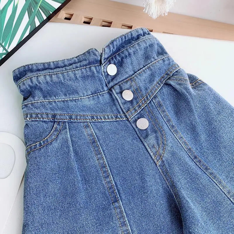 Kids Wide Leg Pants 2024 Autumn Winter New Personality Fashion Girls Hight-Waist Jeans Elastic Waist Button Pocket Casual Jeans