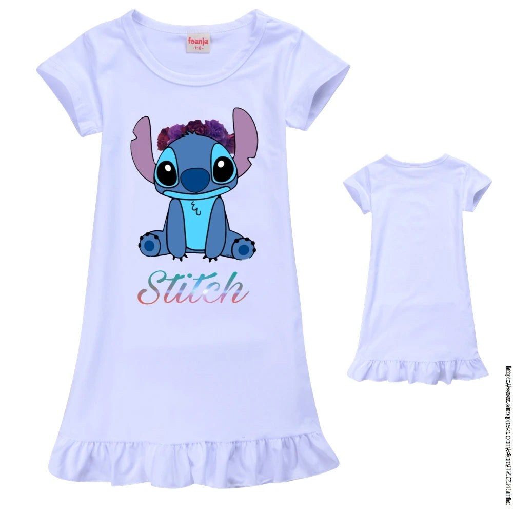 Spring Girls Nightgown Stitch Ice Silk Pajamas Summer Kids Nightdress Cartoon Baby Sleeping Dress Homewear