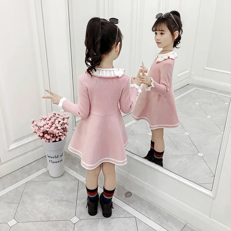 Autumn children warm Sweater dress for girls infant casual pure color Pleated princess dress Baby girl winter knitted dress