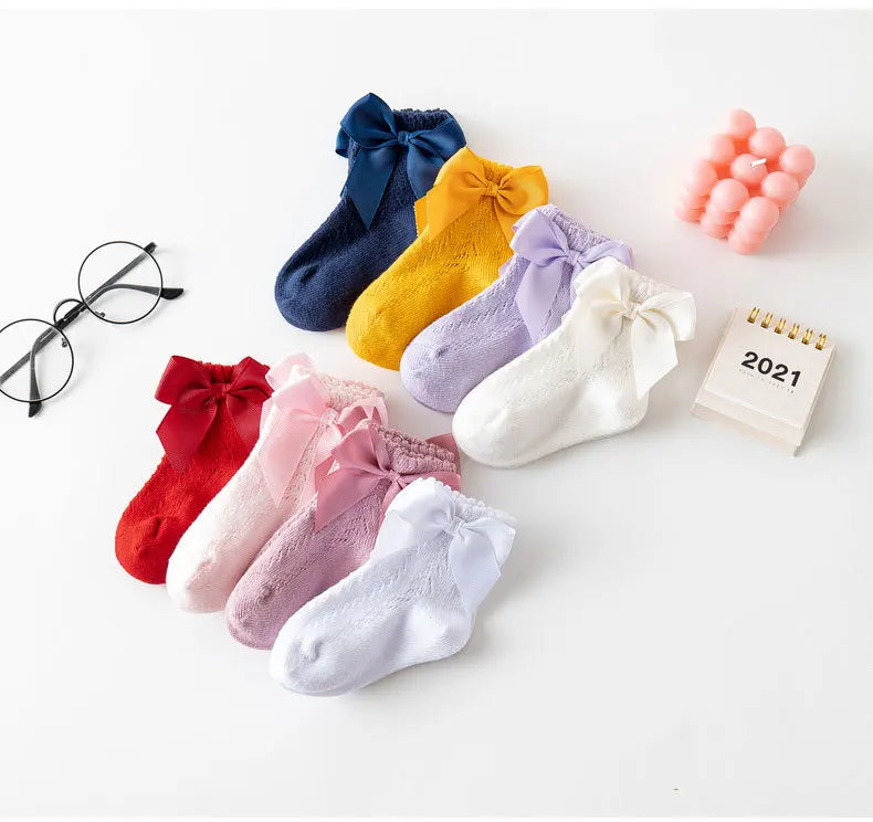 0-5Years Baby Girls Socks With Big Bows Breathable Children Girl Short Socks Hollow Out Toddlers Kids Cotton Princess Cute Socks