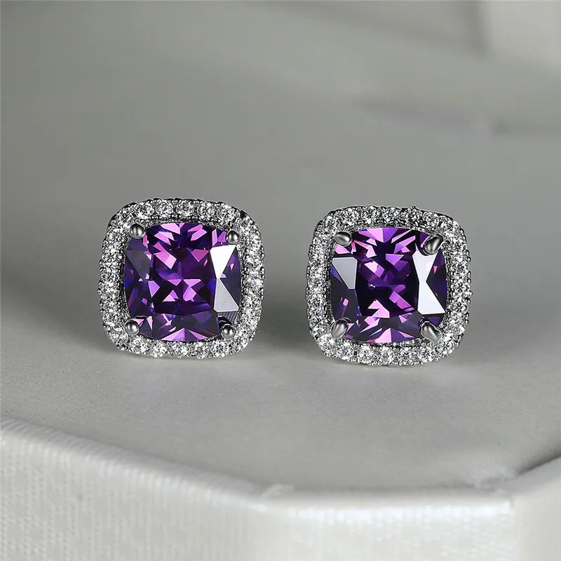 Cute Female Crystal Black Stone Earrings Charm Silver Color Stud Earrings Luxury Square Wedding Earrings For Women